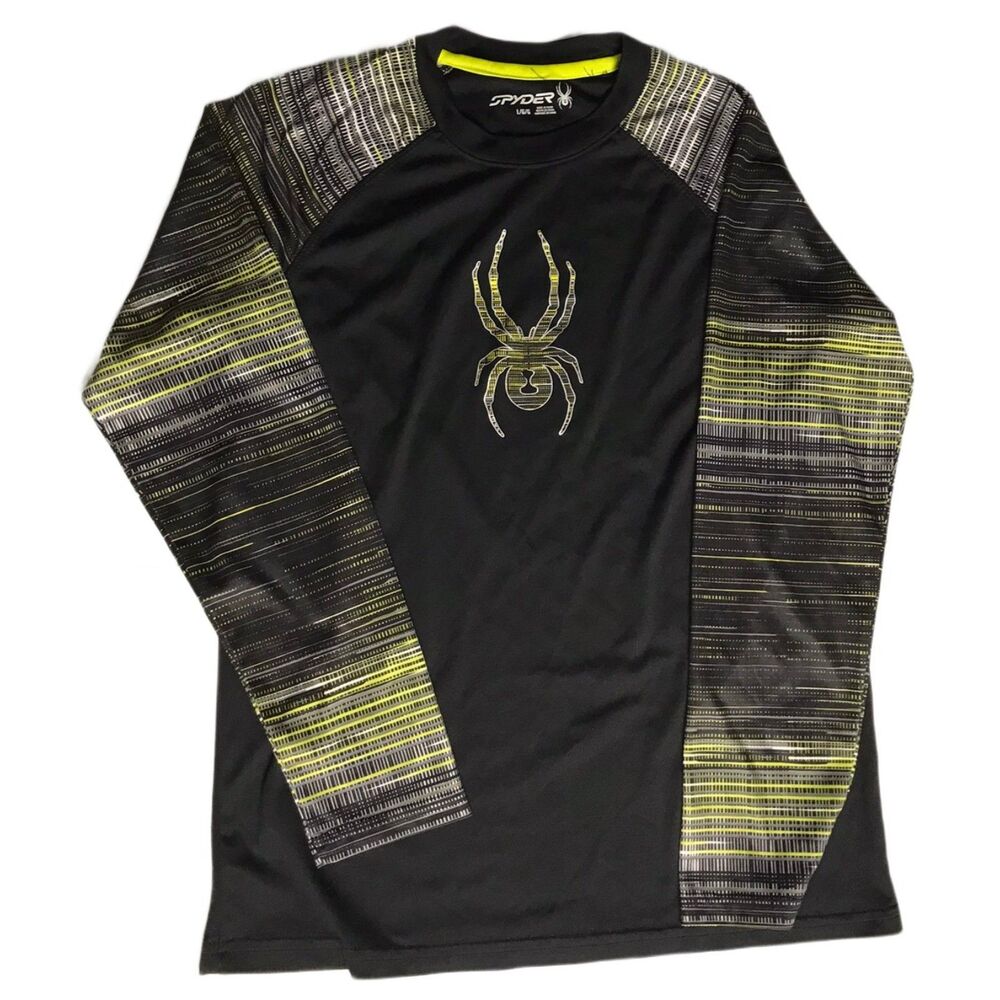 Spyder Boys Large Black Neon Yellow Long Sleeve Athletic Shirt Compression